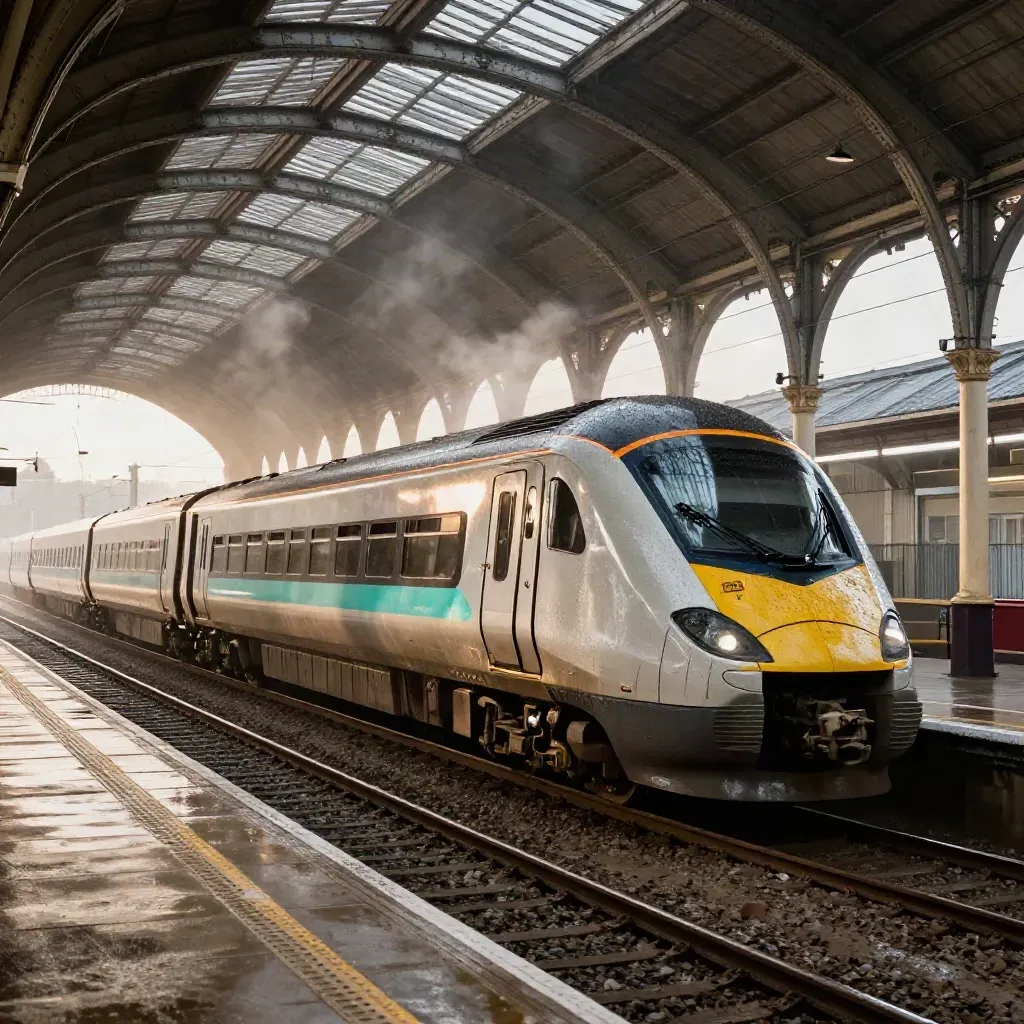 Frosty dawn steam over Leeds Station, iron roof ribs and a train on a wet platform.