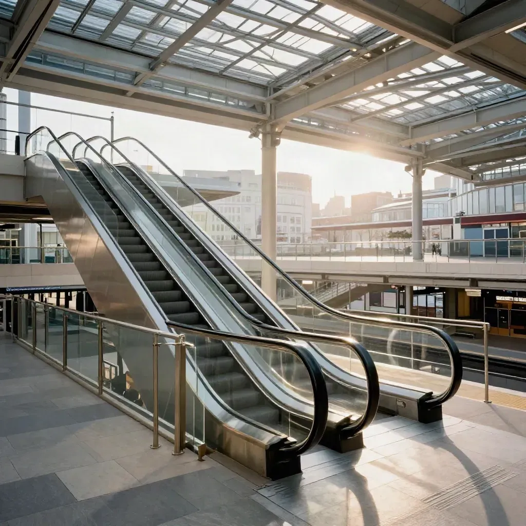 High balcony view of Birmingham New Street atrium, escalators and platform edge in winter daylight.