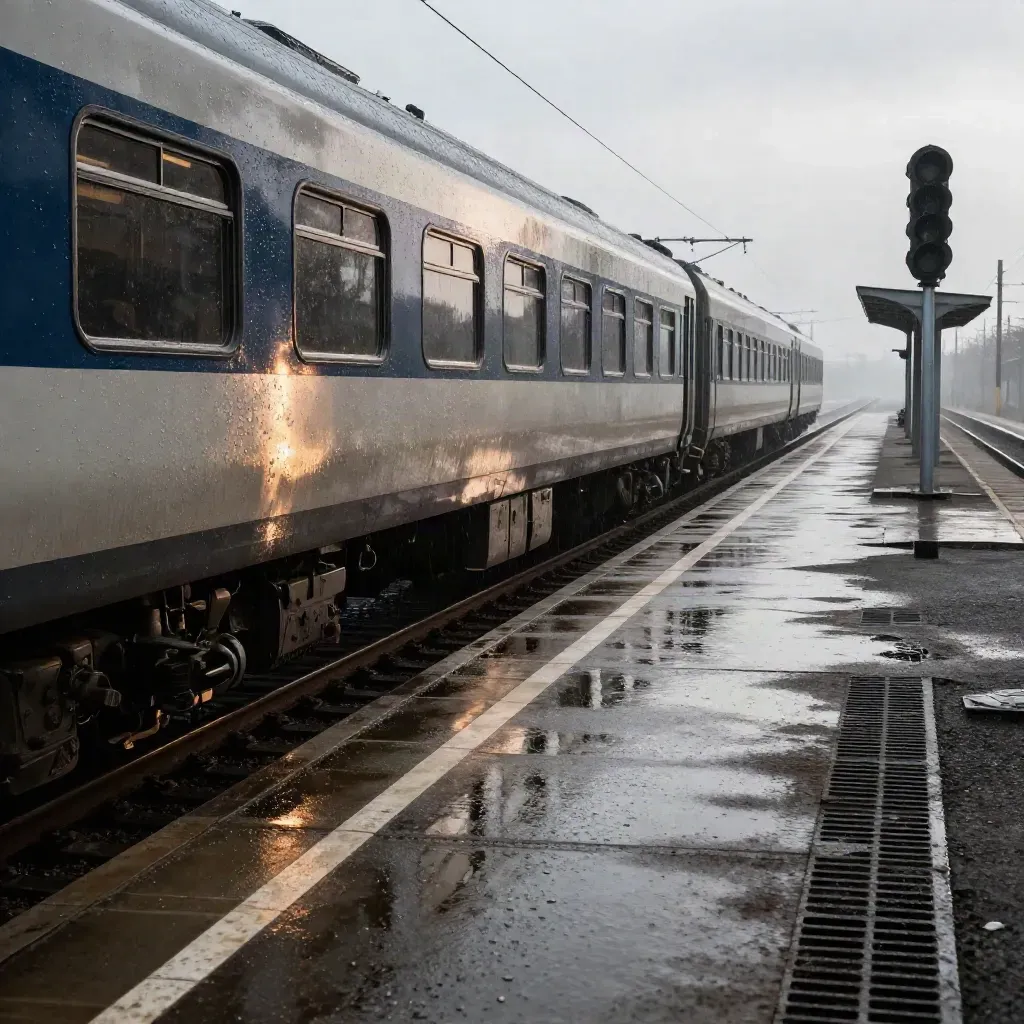 Rain-slick late train paused at a wet platform beside an empty shelter and signal mast.