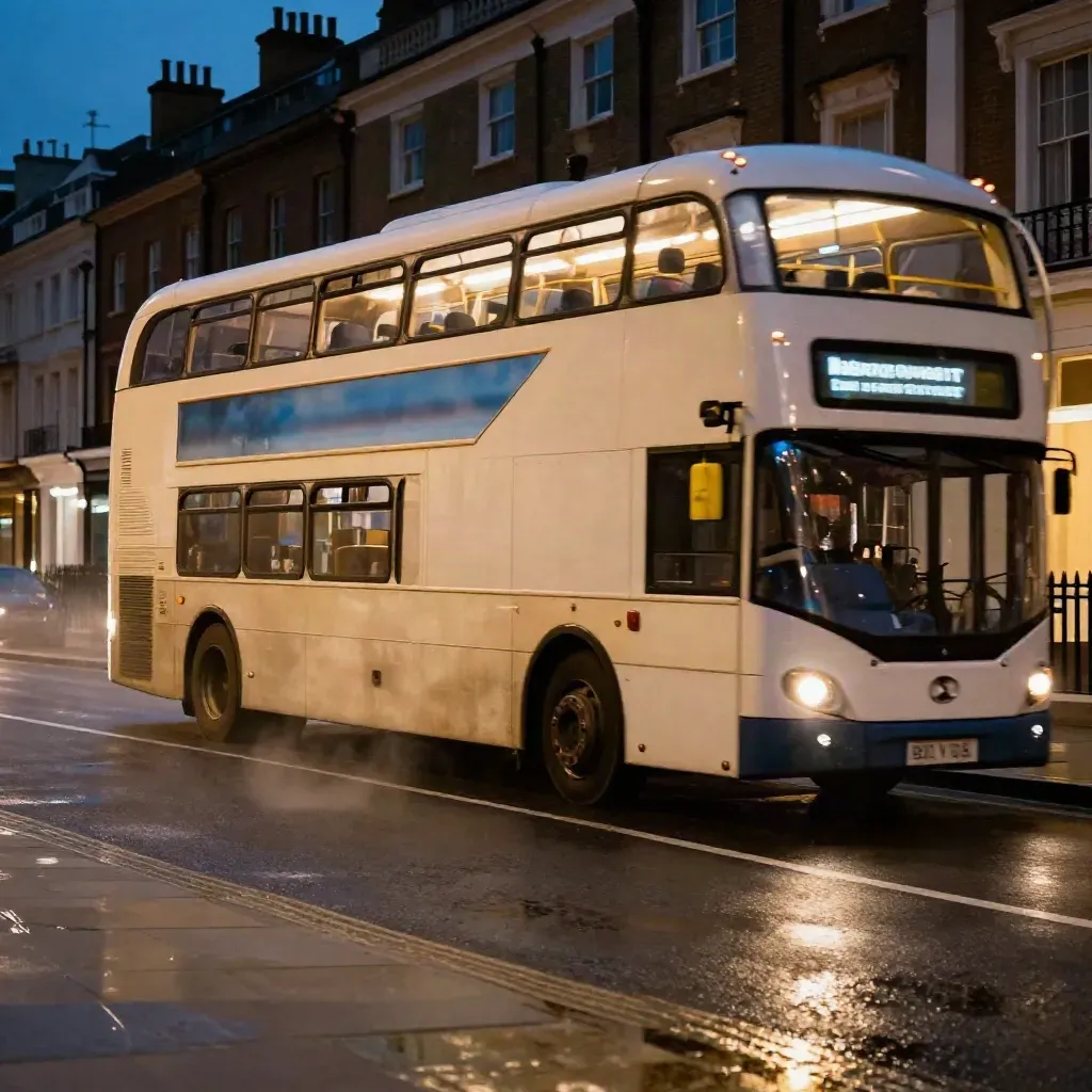Late-night single-decker bus curves past a lit curb in misty empty street
