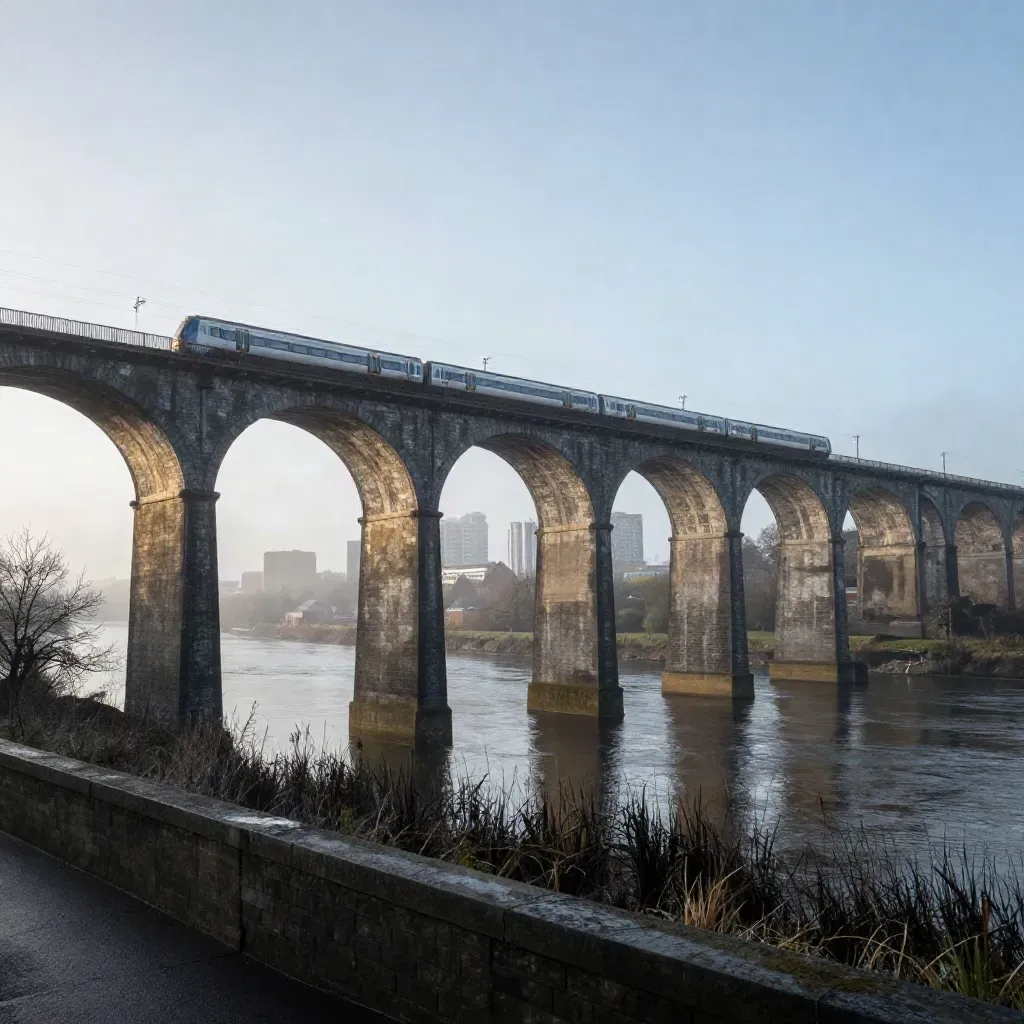 Morning train crosses a misty river viaduct between Manchester and Salford at first light.