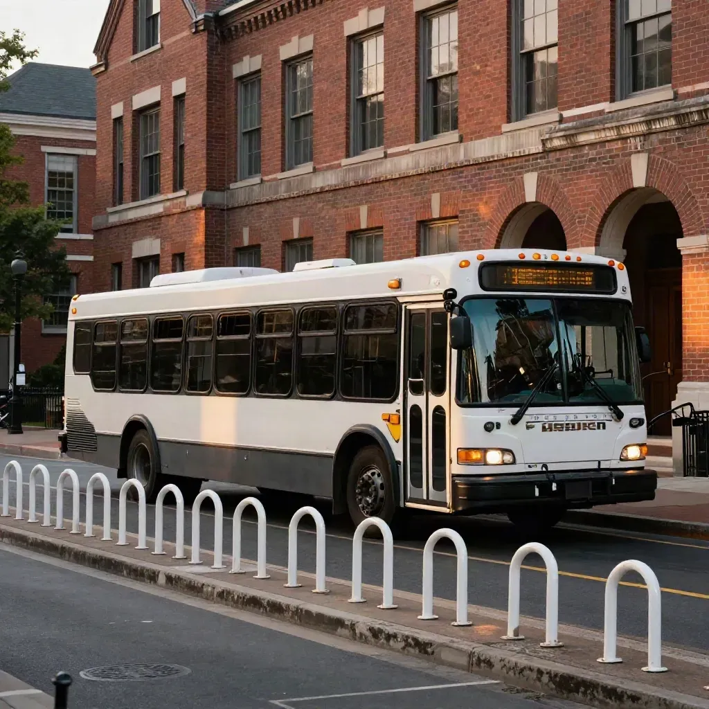 Campus bus idling by brick buildings and bike racks in warm late-afternoon light.