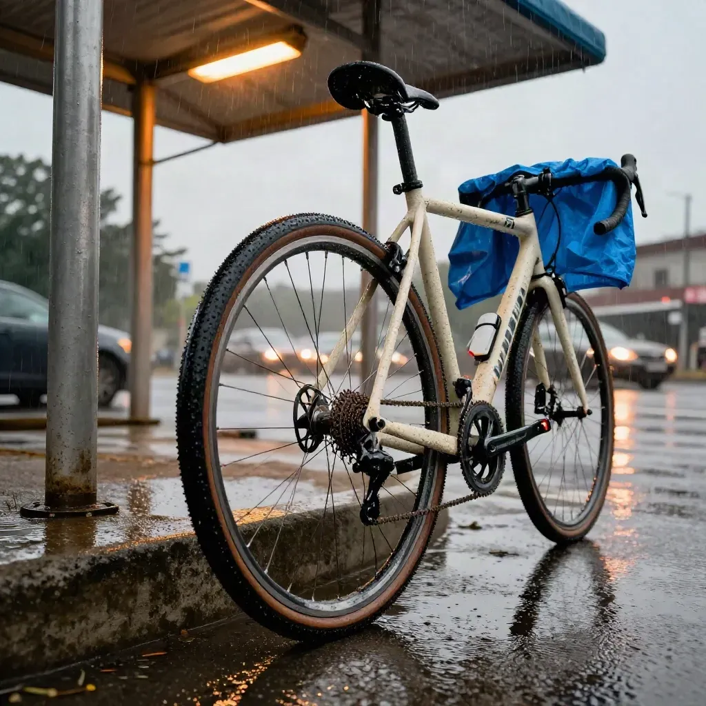 Wet road bike under a shelter, rear light glowing on rain-soaked pavement.
