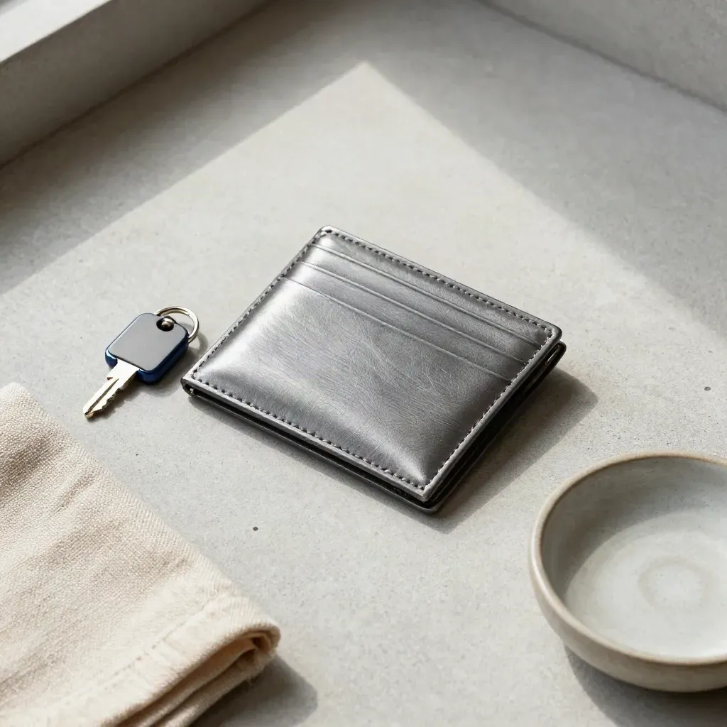 Overhead still life of a rail card wallet, key fob, linen cloth and ceramic dish on concrete.