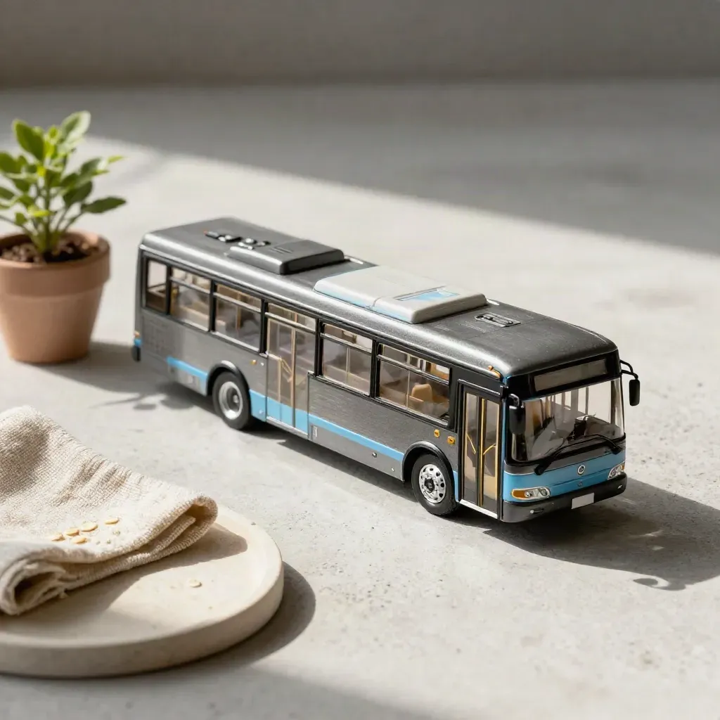 Die-cast bus model on a stone tray with a potted plant and folded cloth